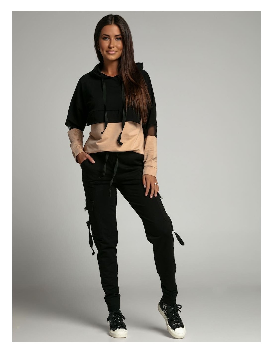 Two-color tracksuit with transparent inserts on the sleeves, beige FI530 - Online store - Boutique